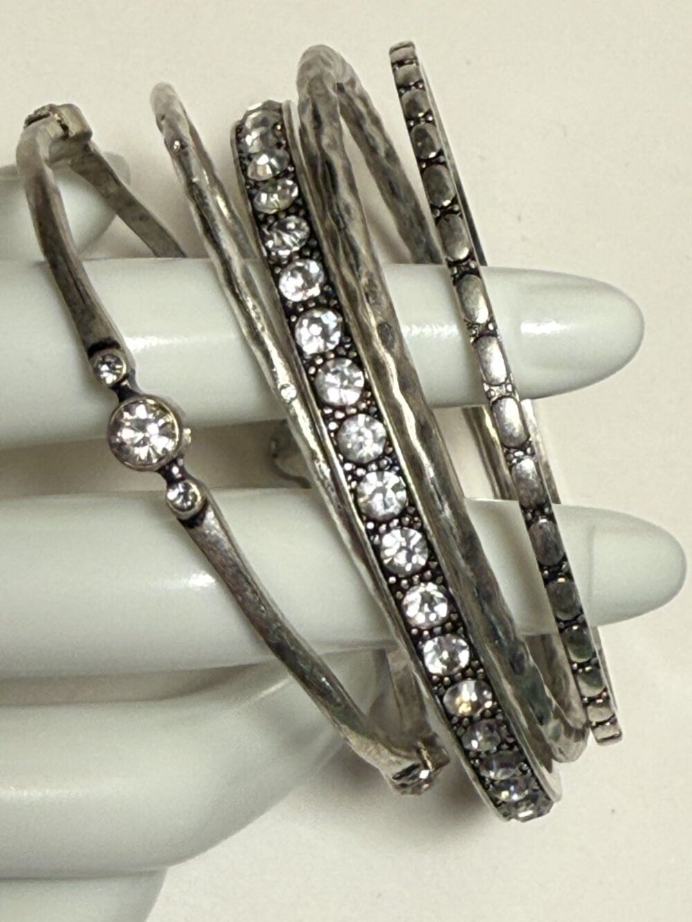 Bling! 5 Hammered Jeweled Silver Toned Bangles Bracelets